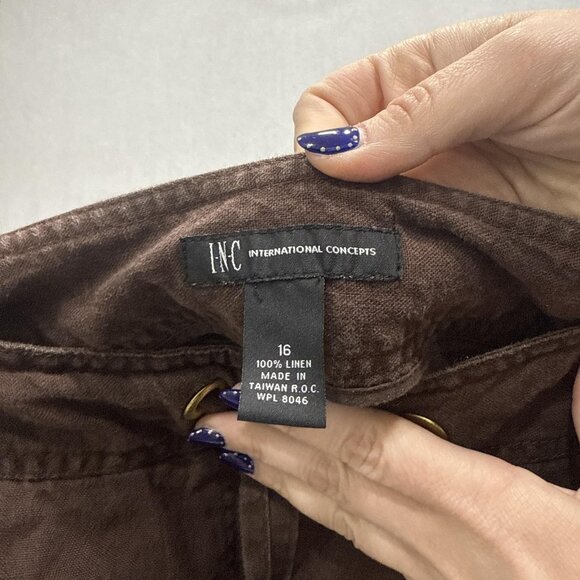 INC International Concepts Pants Womens 16 Brown Linen Wide Leg Drawstring - Picture 2 of 9